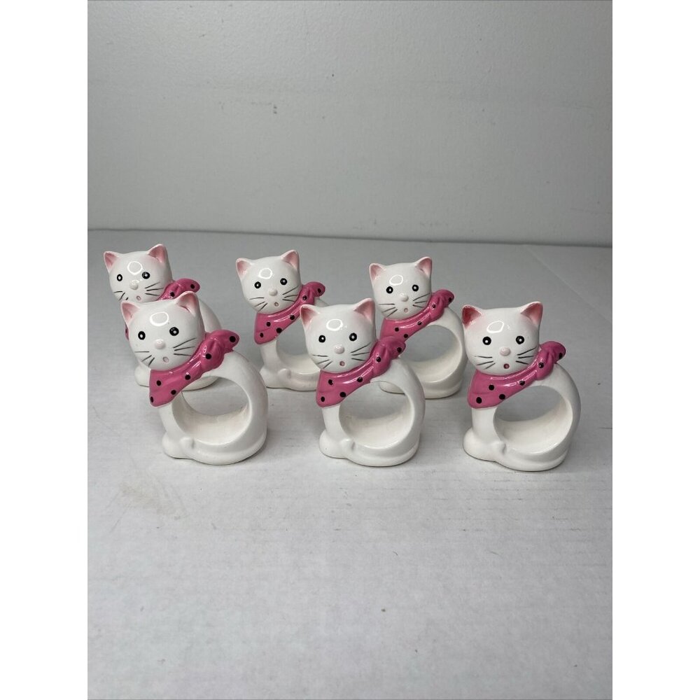 Vintage Cat Napkin Rings 1985 United China Glass Co. Taiwan Set 6 Ceramic Kitty